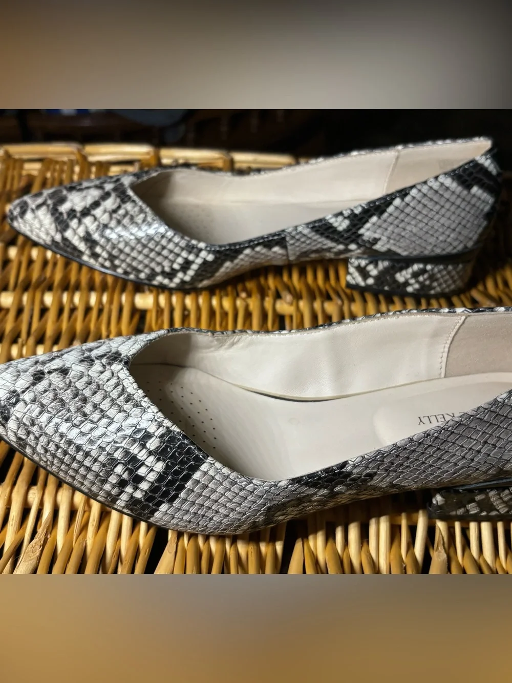Pointed Toe Snake-Print Flats - White/Black from Katherine Kelly, size 7.5
